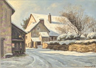 painting of a snowy country road with a house in the background