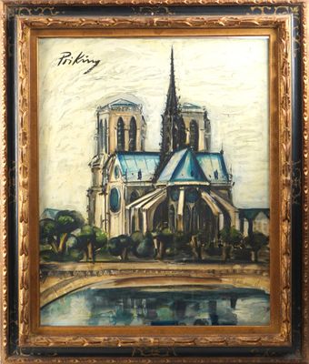 tableau représentant une église avec un pont devant