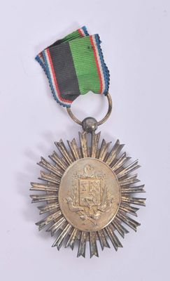 a medal with a ribbon around it on a white surface