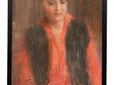 an oil painting of a woman in a red dress