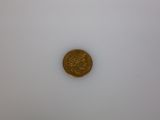 a close up of a gold coin on a white surface