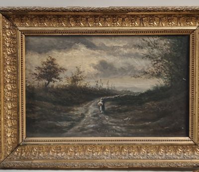 a painting of a man walking down a dirt road with a dog