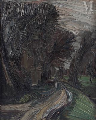 une image représentant un tableau d'une route au milieu d'une forêt