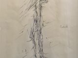 drawing of a bird perched on a tree branch with a sky background
