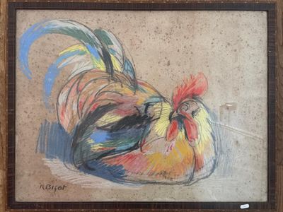 une peinture à l'huile représentant un coq, encadrée et accrochée au mur
