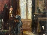 painting of a woman sitting at a piano in a room