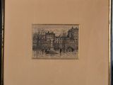drawing of a city street scene with a horse drawn carriage