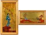 deux tableaux encadrés représentant une femme en robe bleue et une femme en robe rouge