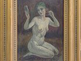 un tableau représentant une femme nue assise par terre