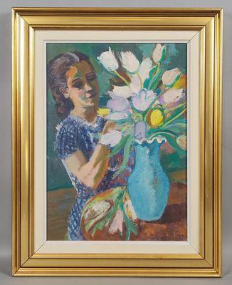 painting of a woman holding a vase of flowers in front of a wall