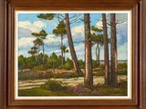 un tableau représentant un paysage boisé avec des arbres et un chemin de terre
