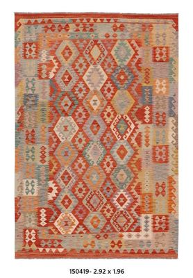 Kilim Afghan en laine Couleur rouge ,beige et bleu 292 x 196