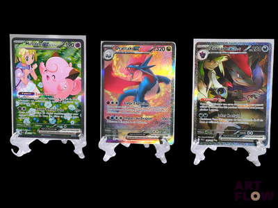 three different pokemon cards are displayed on a black background
