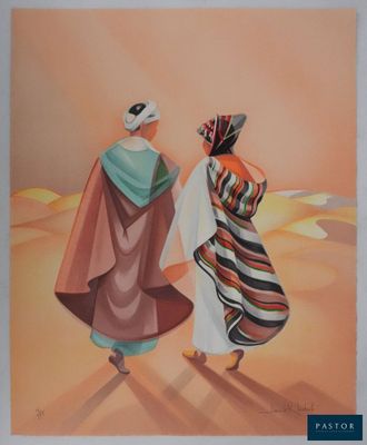 painting of two women walking in a desert with a sky background