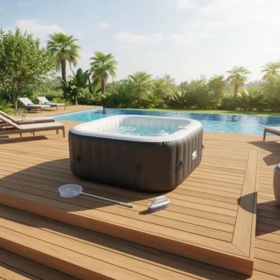 un jacuzzi installé sur une terrasse à côté d'une piscine
