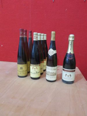 Plusieurs bouteilles de vin sont alignées sur une table devant un mur rouge.