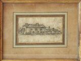 an old drawing of a house in a gold frame on a wall