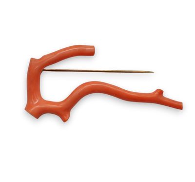 Broche en or 14K (585/1000) ornée d'une branche de corail  rouge (Cora - Photo 1