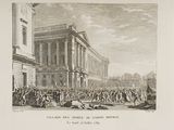 a drawing of a crowd of people gathered outside a building