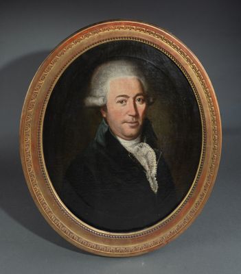 a painting of a man in a black coat and white hair