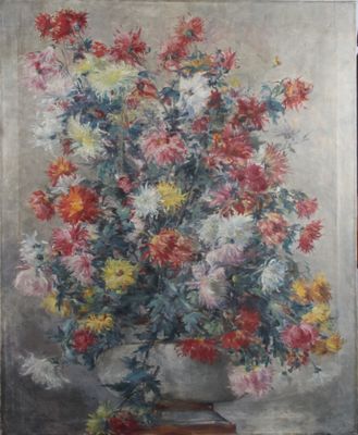 peinture représentant un vase de fleurs posé sur une table devant un mur