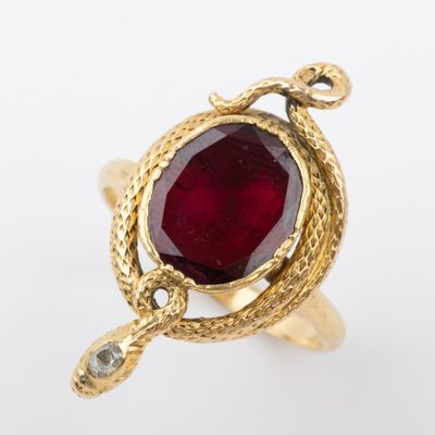 Bague serpent grenat, diamant taille ancienne, monture or te… - Photo 1