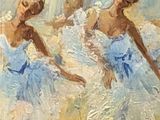 painting of three ballerinas in blue tutuss in a dance studio