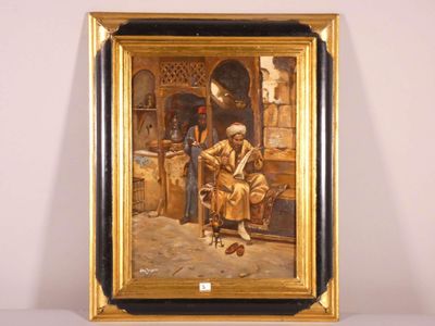 painting of a man sitting in a chair in front of a painting of an old man