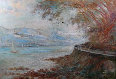 une peinture représentant un bateau sur l'eau, près du rivage