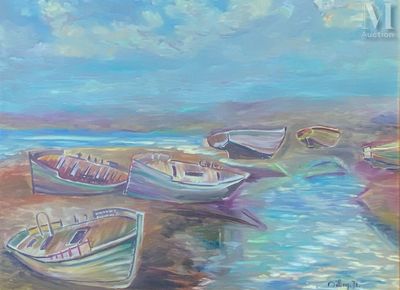 three boats that are sitting on the shore of the water