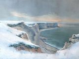 tableau représentant des falaises enneigées surplombant l'océan et d'autres falaises au loin