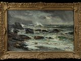 an image of a painting of waves crashing on rocks in the ocean