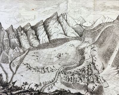 dessin représentant une vue sur une chaîne de montagnes, avec une vallée au premier plan