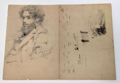 an old book with a drawing of a man in a suit and tie