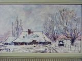 une peinture à l'huile représentant une maison dans la neige, avec des arbres en arrière-plan