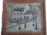 une peinture à l'huile représentant des personnes marchant dans une rue devant une maison blanche