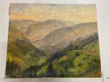 a painting of a mountain scene on display in a glass case