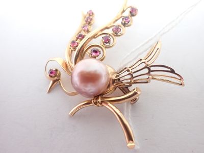 Broche oiseau en or, perle et rubis, poids 10gr, dim. hauteur 5cm - Photo 1