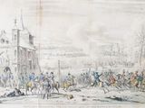 a picture of a drawing of a battle with men on horses