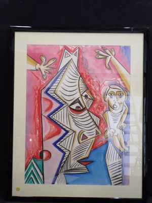 tableau représentant une femme et un homme tenant un cerf-volant devant un fond rouge