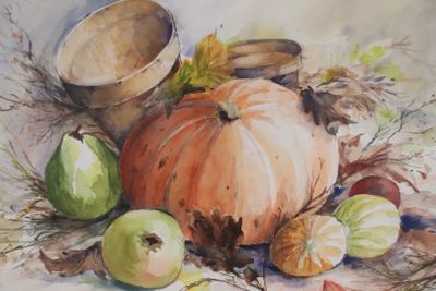 une peinture représentant une citrouille, des pommes et des feuilles posées sur une table