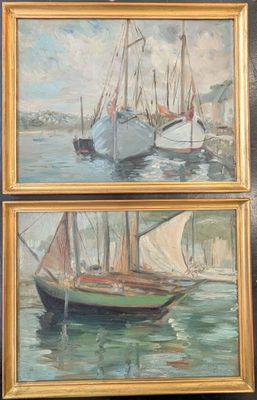 deux tableaux représentant des bateaux sur l'eau, avec le ciel en arrière-plan