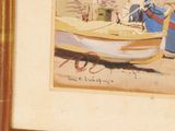 a picture of a painting of a boat on the beach