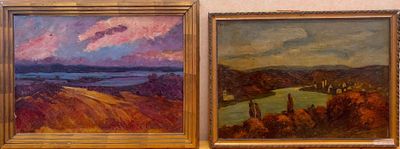 trois tableaux représentant un paysage avec un lac au loin