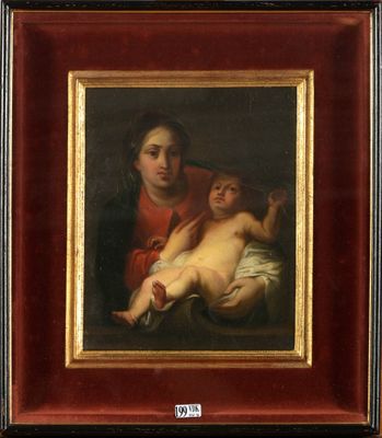Huile sur panneau de chêne "Vierge à l'Enfant".