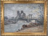 tableau représentant la vue d'un pont enjambant une rivière, sur lequel se trouvent des bateaux