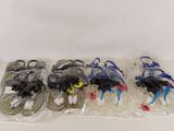six paires de chaussures dans des sacs en plastique, posées sur une surface blanche