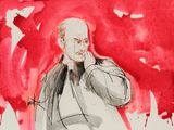 tableau représentant un homme parlant au téléphone portable devant un fond rouge