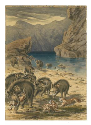 tableau représentant un groupe d'animaux sauvages dans un paysage rocheux