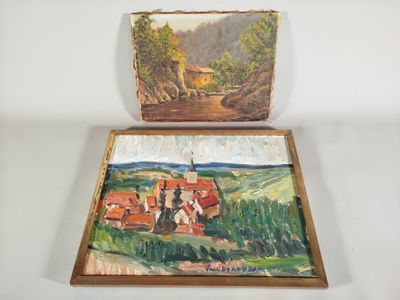 deux tableaux représentant un village et une église, rangés dans une boîte en bois